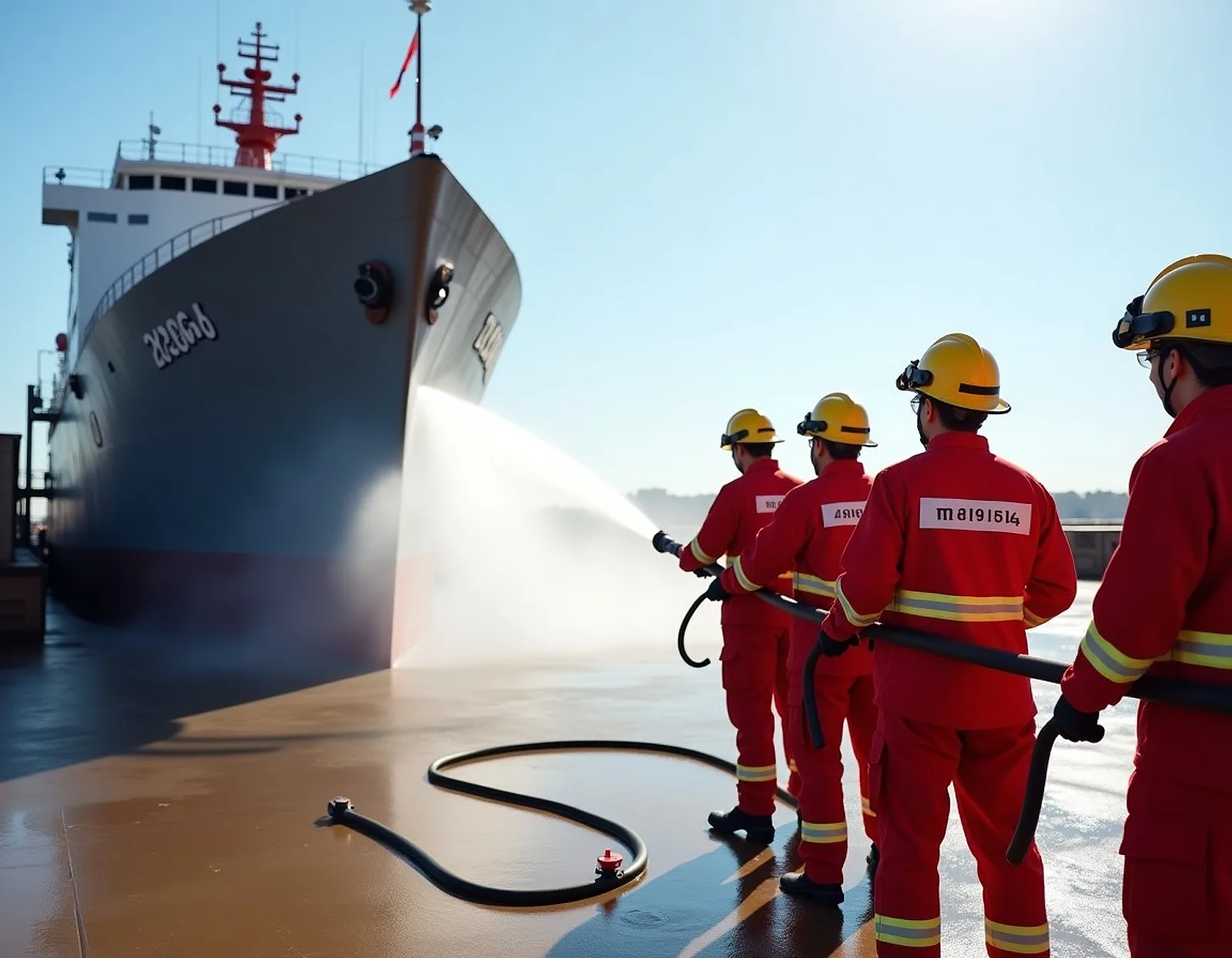 Trainees in red firefighting suits spraying a hose at a ship-shaped training structure
