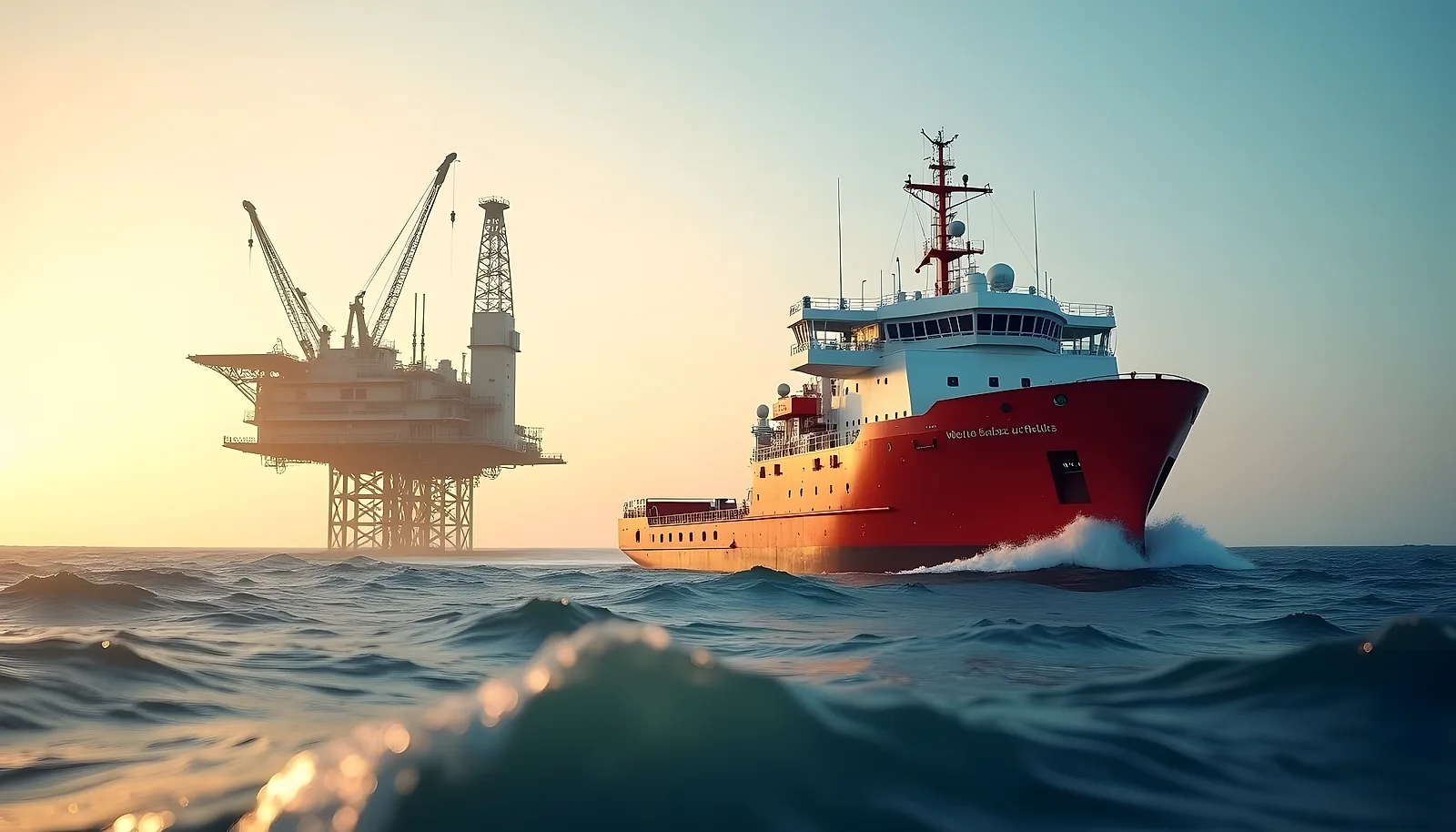 Red-hulled offshore supply vessel working beside an oil platform in a rolling swell at sunrise