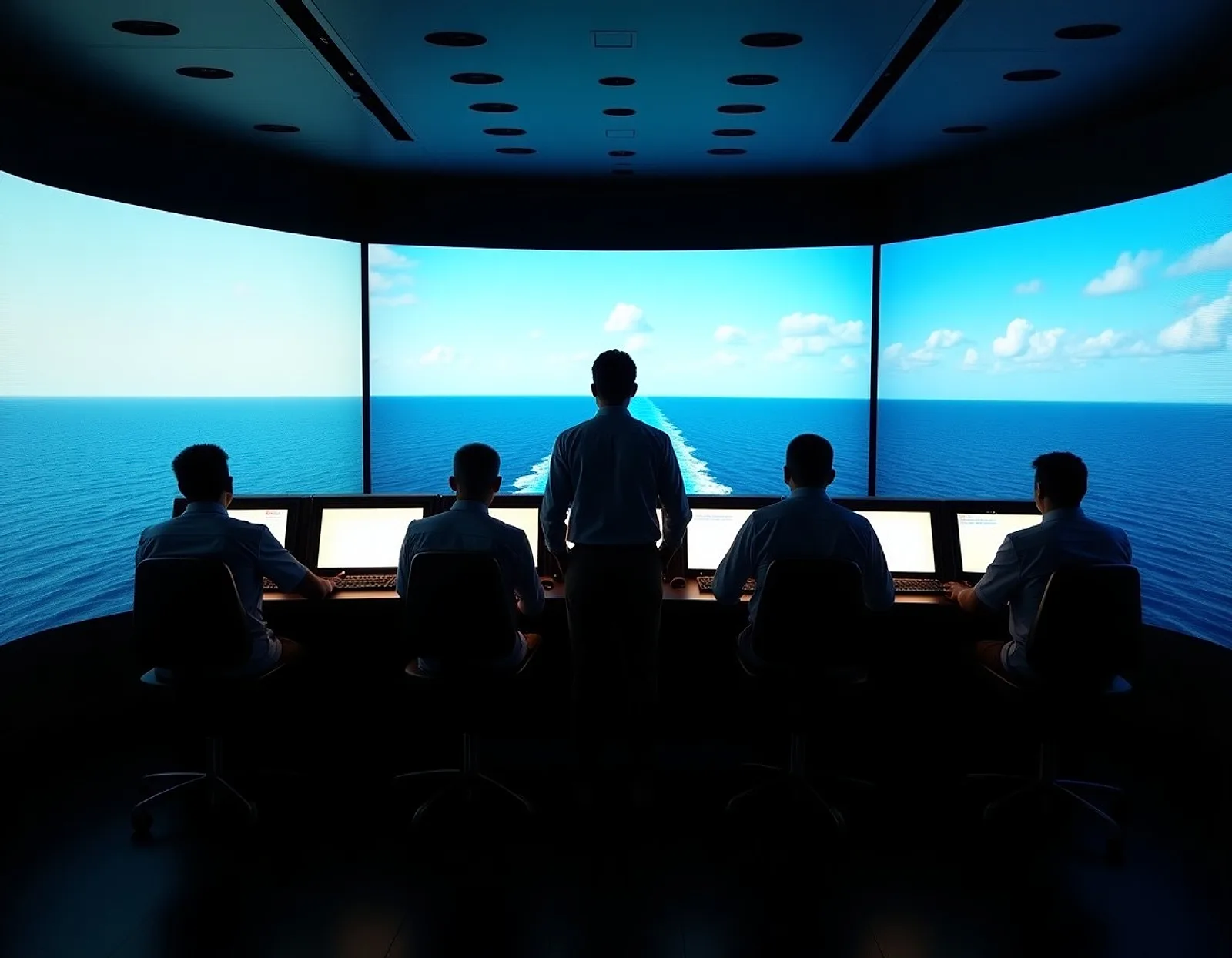 Trainees seated at consoles in a ship bridge simulator hall facing wide sea screens