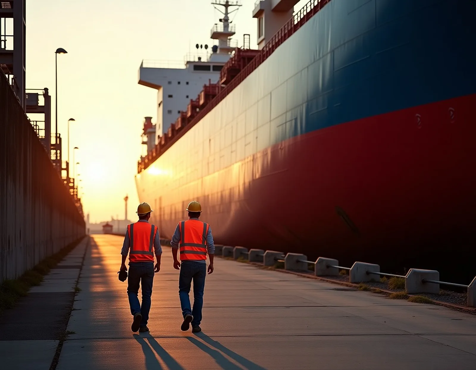 Two shipyard workers in hi-vis vests walking beside a dry dock and a large red-hulled ship at sunset